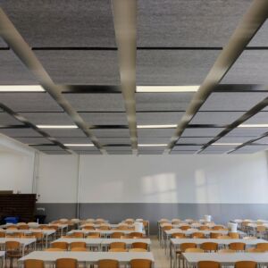 Ceiling soundproofing panels in classrom for acoustic absorption