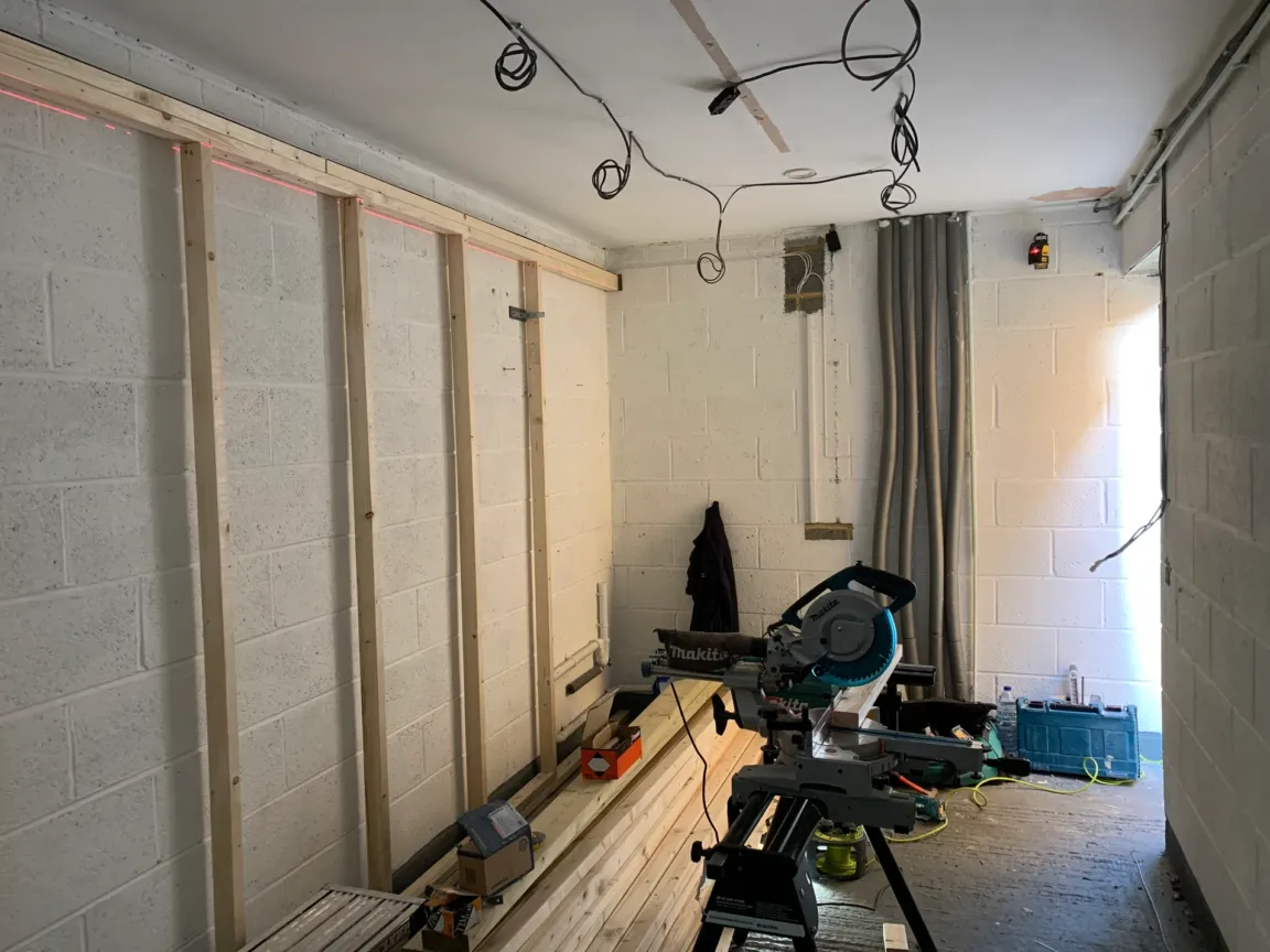 Wall and ceiling prepared for soundproof installation